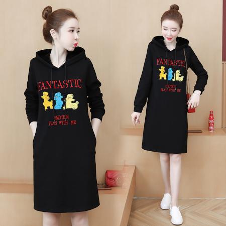 FA47351# 洋气减龄大码显瘦刺绣连帽卫衣裙秋冬胖MM中长款连衣裙百搭  服裝批發女裝批發服飾貨源