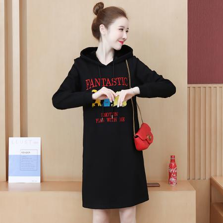 FA47351# 洋气减龄大码显瘦刺绣连帽卫衣裙秋冬胖MM中长款连衣裙百搭  服裝批發女裝批發服飾貨源