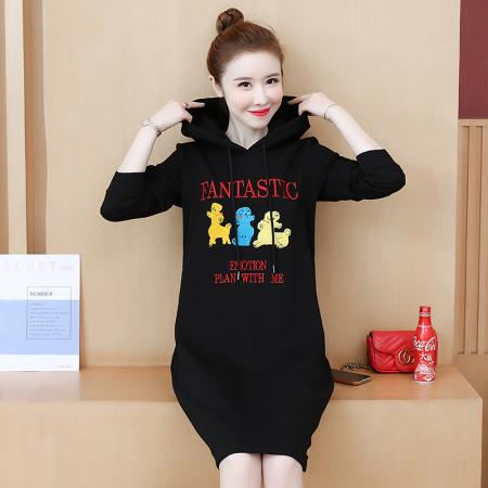 FA47351# 洋气减龄大码显瘦刺绣连帽卫衣裙秋冬胖MM中长款连衣裙百搭  服裝批發女裝批發服飾貨源