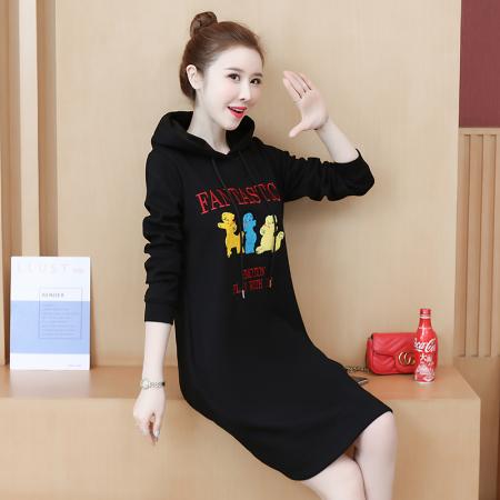 FA47351# 洋气减龄大码显瘦刺绣连帽卫衣裙秋冬胖MM中长款连衣裙百搭  服裝批發女裝批發服飾貨源