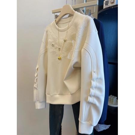 FA47352# 设计感重工珍珠花朵装饰无帽套头卫衣女冬季新款加绒加厚上衣  服裝批發女裝批發服飾貨源