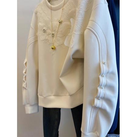 FA47352# 设计感重工珍珠花朵装饰无帽套头卫衣女冬季新款加绒加厚上衣  服裝批發女裝批發服飾貨源