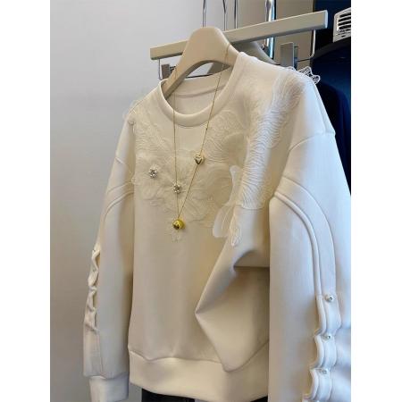 FA47352# 设计感重工珍珠花朵装饰无帽套头卫衣女冬季新款加绒加厚上衣  服裝批發女裝批發服飾貨源