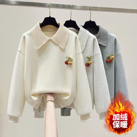 FA47353# 秋冬加绒加厚勾花毛织娃娃领手工艺小南瓜甜美时尚卫衣女  服裝批發女裝批發服飾貨源