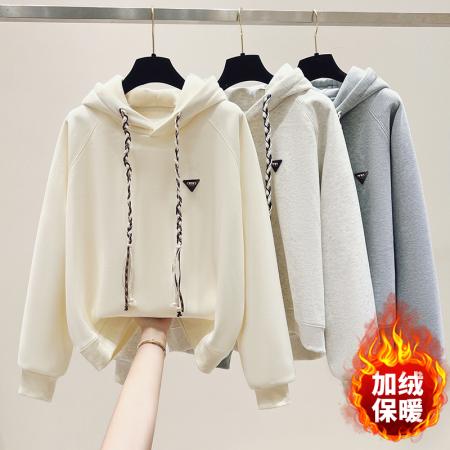 FA47354# 秋冬加绒加厚韩系新款麻花绳连帽珠绣学院轻奢时尚卫衣女  服裝批發女裝批發服飾貨源