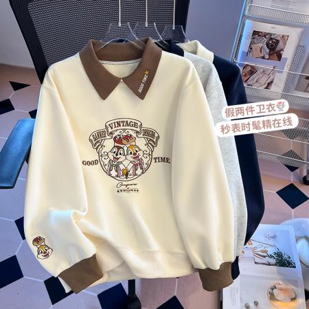 FA47355# 秋冬学院风拼色polo精致卡通刺绣宽松减龄时尚卫衣女  服裝批發女裝批發服飾貨源