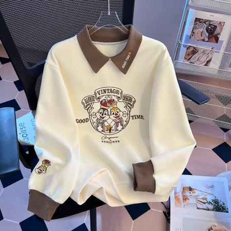 FA47355# 秋冬学院风拼色polo精致卡通刺绣宽松减龄时尚卫衣女  服裝批發女裝批發服飾貨源