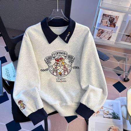 FA47355# 秋冬学院风拼色polo精致卡通刺绣宽松减龄时尚卫衣女  服裝批發女裝批發服飾貨源