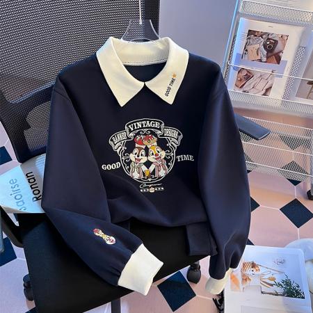 FA47355# 秋冬学院风拼色polo精致卡通刺绣宽松减龄时尚卫衣女  服裝批發女裝批發服飾貨源