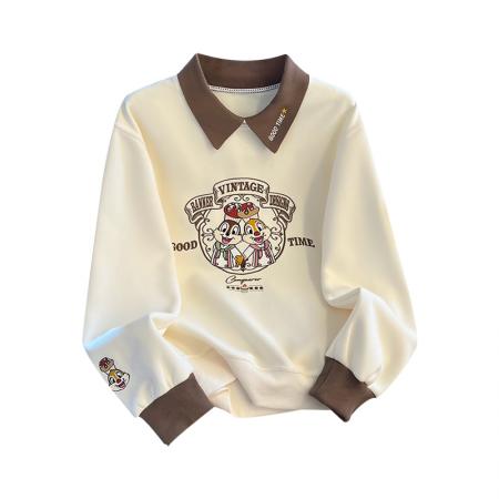 FA47355# 秋冬学院风拼色polo精致卡通刺绣宽松减龄时尚卫衣女  服裝批發女裝批發服飾貨源