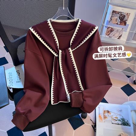 FA47356# 秋冬新款轻奢针织条纹批肩简约圆领小个子短款卫衣女  服裝批發女裝批發服飾貨源