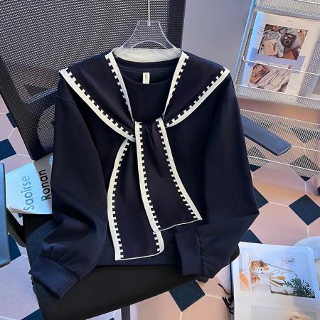 FA47356# 秋冬新款轻奢针织条纹批肩简约圆领小个子短款卫衣女  服裝批發女裝批發服飾貨源