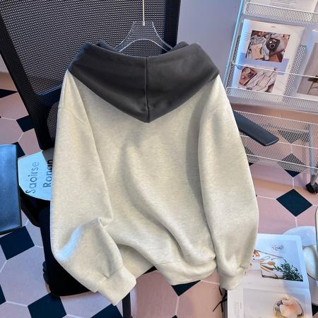 FA47357# 秋冬新款韩版慵懒宽松显瘦单排扣设计感撞色连帽卫衣女  服裝批發女裝批發服飾貨源