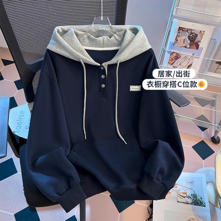 FA47357# 秋冬新款韩版慵懒宽松显瘦单排扣设计感撞色连帽卫衣女  服裝批發女裝批發服飾貨源