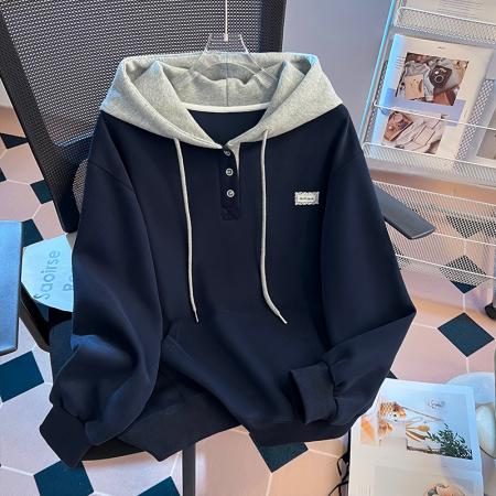 FA47357# 秋冬新款韩版慵懒宽松显瘦单排扣设计感撞色连帽卫衣女  服裝批發女裝批發服飾貨源