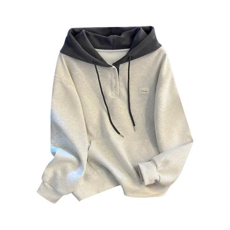 FA47357# 秋冬新款韩版慵懒宽松显瘦单排扣设计感撞色连帽卫衣女  服裝批發女裝批發服飾貨源