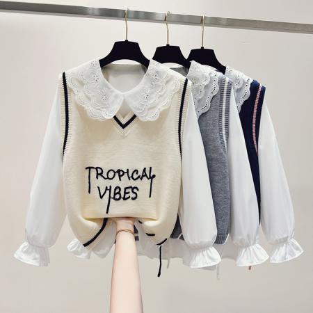 FA47358# 秋季新款小清新学院风重工针织马甲衬衫两件套时尚少女装  服裝批發女裝批發服飾貨源