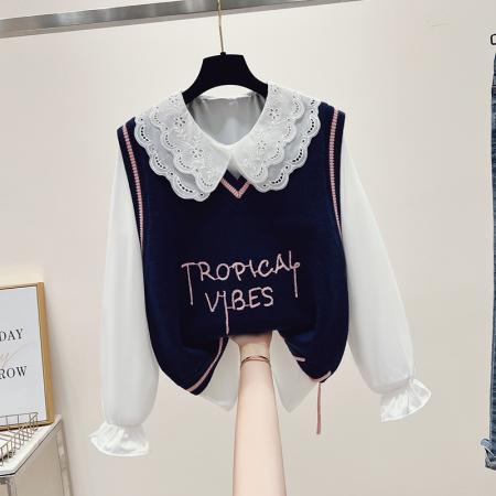 FA47358# 秋季新款小清新学院风重工针织马甲衬衫两件套时尚少女装  服裝批發女裝批發服飾貨源