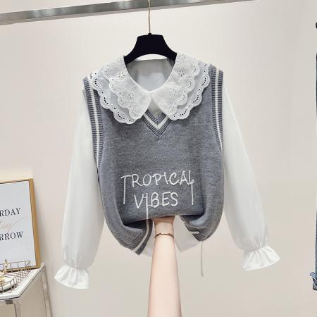 FA47358# 秋季新款小清新学院风重工针织马甲衬衫两件套时尚少女装  服裝批發女裝批發服飾貨源