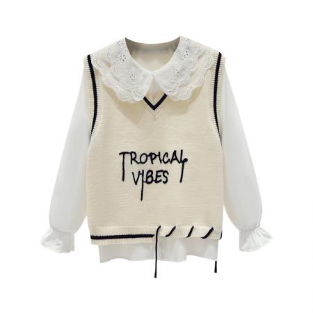 FA47358# 秋季新款小清新学院风重工针织马甲衬衫两件套时尚少女装  服裝批發女裝批發服飾貨源