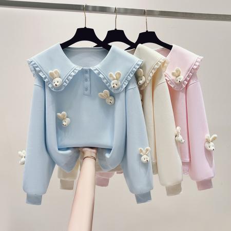 FA47359# 秋季韩系学院风花边海军领毛绒公仔小个子短款卫衣女  服裝批發女裝批發服飾貨源