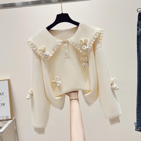 FA47359# 秋季韩系学院风花边海军领毛绒公仔小个子短款卫衣女  服裝批發女裝批發服飾貨源