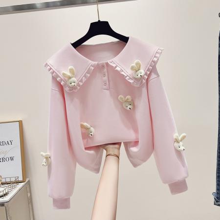 FA47359# 秋季韩系学院风花边海军领毛绒公仔小个子短款卫衣女  服裝批發女裝批發服飾貨源