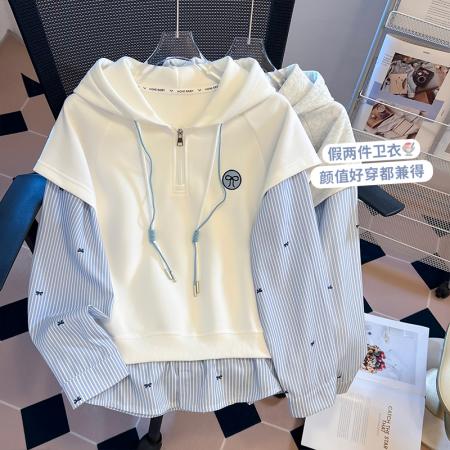 FA47360# 条纹拼接叠穿假两件学院风宽松时尚连帽半拉链长袖卫衣女  服裝批發女裝批發服飾貨源