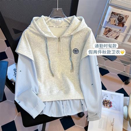 FA47360# 条纹拼接叠穿假两件学院风宽松时尚连帽半拉链长袖卫衣女  服裝批發女裝批發服飾貨源