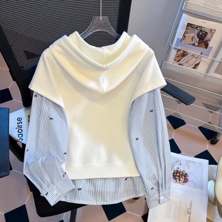 FA47360# 条纹拼接叠穿假两件学院风宽松时尚连帽半拉链长袖卫衣女  服裝批發女裝批發服飾貨源