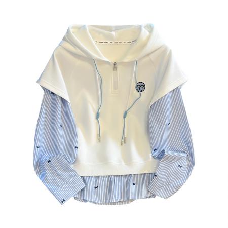 FA47360# 条纹拼接叠穿假两件学院风宽松时尚连帽半拉链长袖卫衣女  服裝批發女裝批發服飾貨源