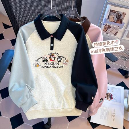 FA47361# 秋学院风拼色polo领连袖重工刺绣宽松时尚洋气爆款卫衣女  服裝批發女裝批發服飾貨源