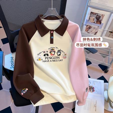 FA47361# 秋学院风拼色polo领连袖重工刺绣宽松时尚洋气爆款卫衣女  服裝批發女裝批發服飾貨源