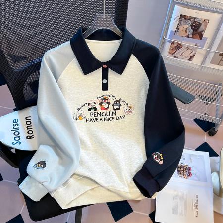 FA47361# 秋学院风拼色polo领连袖重工刺绣宽松时尚洋气爆款卫衣女  服裝批發女裝批發服飾貨源