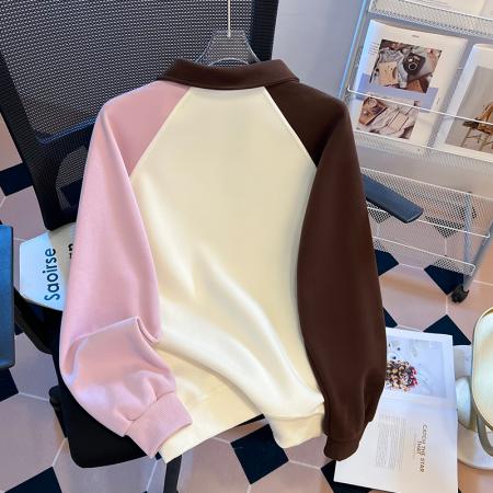 FA47361# 秋学院风拼色polo领连袖重工刺绣宽松时尚洋气爆款卫衣女  服裝批發女裝批發服飾貨源