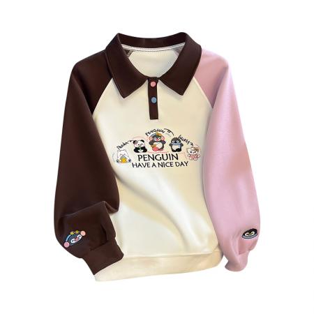 FA47361# 秋学院风拼色polo领连袖重工刺绣宽松时尚洋气爆款卫衣女  服裝批發女裝批發服飾貨源