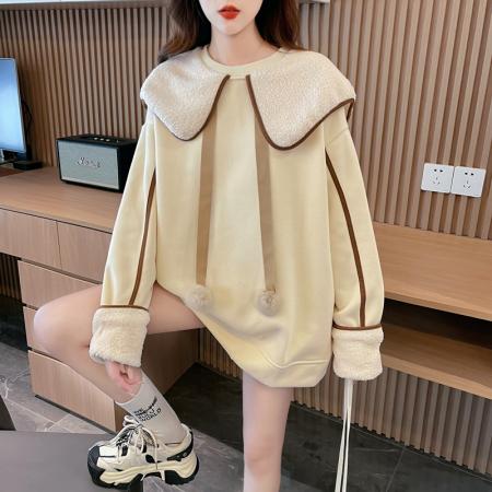 FA47362# 首发米呢绒后包领重工刺绣海军娃娃领薄款毛毛球卫衣女  服裝批發女裝批發服飾貨源