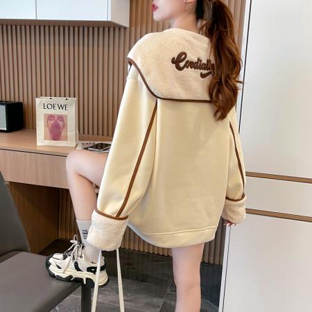 FA47362# 首发米呢绒后包领重工刺绣海军娃娃领薄款毛毛球卫衣女  服裝批發女裝批發服飾貨源