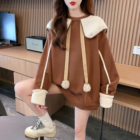 FA47362# 首发米呢绒后包领重工刺绣海军娃娃领薄款毛毛球卫衣女  服裝批發女裝批發服飾貨源