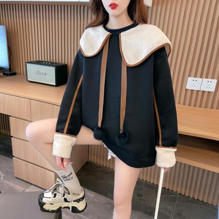 FA47362# 首发米呢绒后包领重工刺绣海军娃娃领薄款毛毛球卫衣女  服裝批發女裝批發服飾貨源