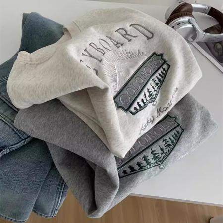 FA47363# 重工刺绣圆领套头卫衣女宽松休闲减龄韩版春季显瘦百搭学生上衣潮  服裝批發女裝批發服飾貨源