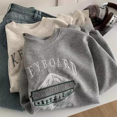 FA47363# 重工刺绣圆领套头卫衣女宽松休闲减龄韩版春季显瘦百搭学生上衣潮  服裝批發女裝批發服飾貨源