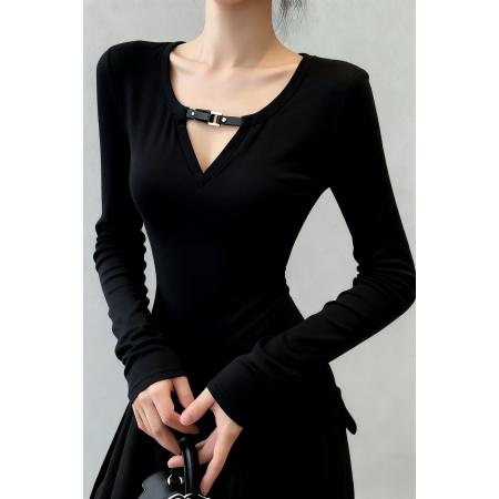 FA47364# 纯欲辣妹性感v领上衣女秋冬卡其色磨毛加绒打底衫内搭可外穿  服裝批發女裝批發服飾貨源