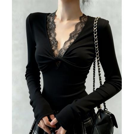 FA47365# 秋冬法式复古辣妹蕾丝拼接黑色v领打底衫女内搭收腰正肩上衣  服裝批發女裝批發服飾貨源