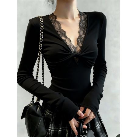 FA47365# 秋冬法式复古辣妹蕾丝拼接黑色v领打底衫女内搭收腰正肩上衣  服裝批發女裝批發服飾貨源