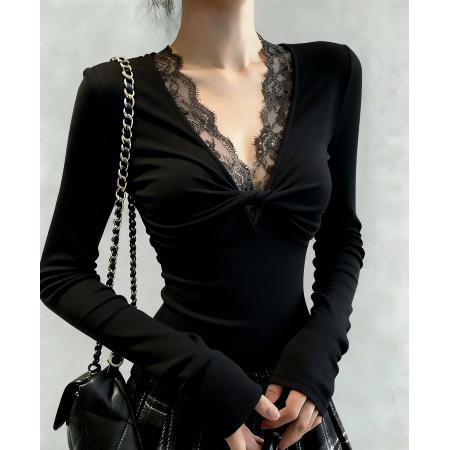 FA47365# 秋冬法式复古辣妹蕾丝拼接黑色v领打底衫女内搭收腰正肩上衣  服裝批發女裝批發服飾貨源