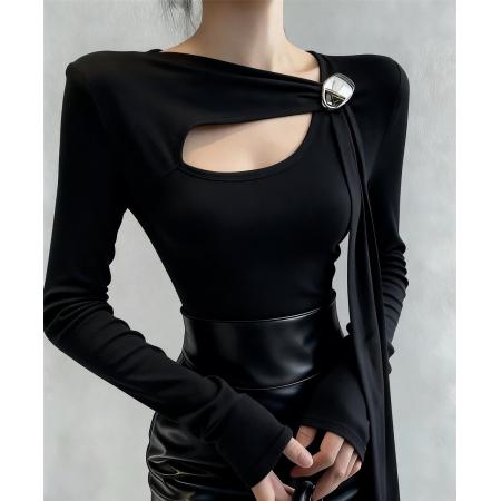 FA47366# 秋冬黑色不规则镂空修身打底衫女内搭设计感显瘦长袖t恤上衣  服裝批發女裝批發服飾貨源