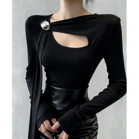 FA47366# 秋冬黑色不规则镂空修身打底衫女内搭设计感显瘦长袖t恤上衣  服裝批發女裝批發服飾貨源