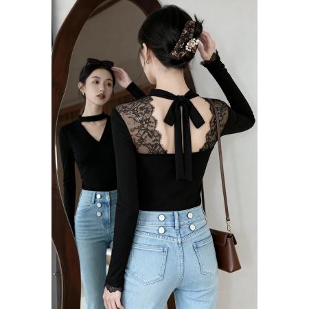 FA47367# 秋冬新款黑色t恤女法式蕾丝拼接独特镂空露背长袖上衣  服裝批發女裝批發服飾貨源