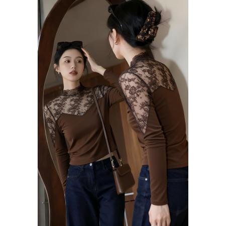 FA47368# 性感辣妹修身显瘦蕾丝拼接镂空打底衫女内搭秋冬长袖t恤上衣  服裝批發女裝批發服飾貨源